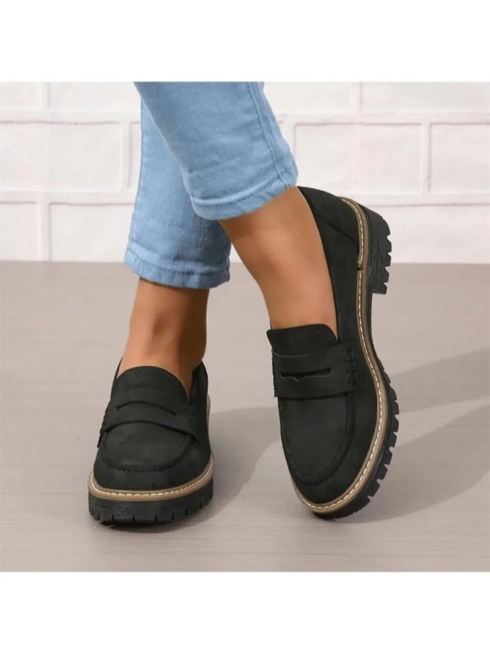 Womens Black Suede Lug Sole Slip On Business Chunky Platform Penny Loafers Shoes